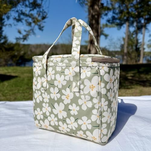 Kwang Min Floral Insulated Lunch Bag for Women,Reusable Lunch Box,Large Cooler for Office,Picnic Outdoors,Premium Quality Waterproof Fabric,Ideal Gift for Outdoors and work (Green Cosmo) - color: Green Cosmo