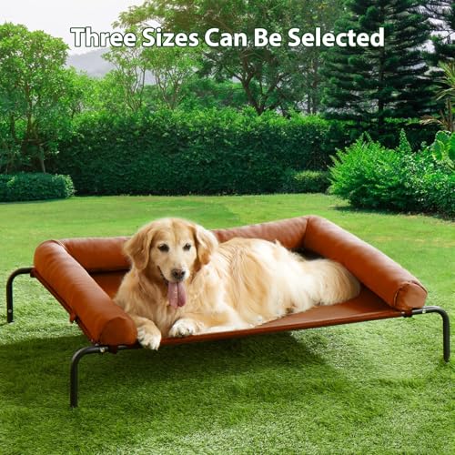 RRPETHOME Large Elevated Cooling Dog Bed,Raised Cots Beds,Outdoor Dog Bed,Chew Proof Portable Cooling Pet Cot Skid-Resistant Feet,Frame with Breathable Mesh - color: light caramel, size: 36.0"L x 26.0"W x 8.0"Th