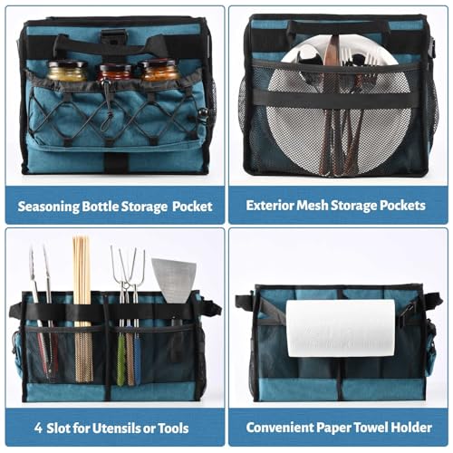 Lorbro Grill Caddy, BBQ Caddy with Paper Towel Holder, Portable Picnic Basket for Utensil and Condiment, Barbecue Grilling Tool Accessories Storage Organizer for Outdoor Griddle, Tailgate, Camping, RV - style: Blue