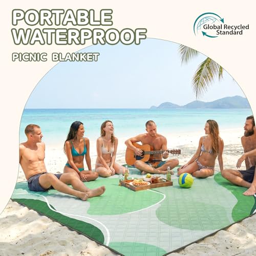 Genovega Waterproof Beach Blanket Picnic Outdoor Mat Rug Women Men Teacher Graduation Preschool Kindergarten Pre K Prek Middle High School First Year 1st 2nd 3rd 4th 5th Grade Thank You Cool - color: Wave Green, size: 6'8" x 6'8" (Square)