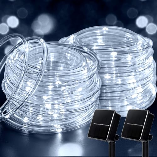 Brightown 2-Pack 39FT 100LED Solar Rope Lights, Solar Outdoor Lights IP65 Waterproof Solar Powered Fairy Lights with 8 Lighting Modes for Party Garden Yard Home Holiday Tree Decoration, Pure White - color: Pure White, size: 100 LED 2PACK