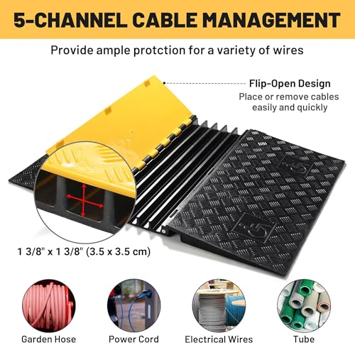 Yescom ADA Threshold Ramp for Wheelchair & Scooter, 5-Channel Rubber Cable Protector 110,000 Lbs Capacity Heavy Duty Bridge Ramp Non-Slip Wire Cord Cover for Driveway & Events - size: 2"h - 5 Channel - Ada