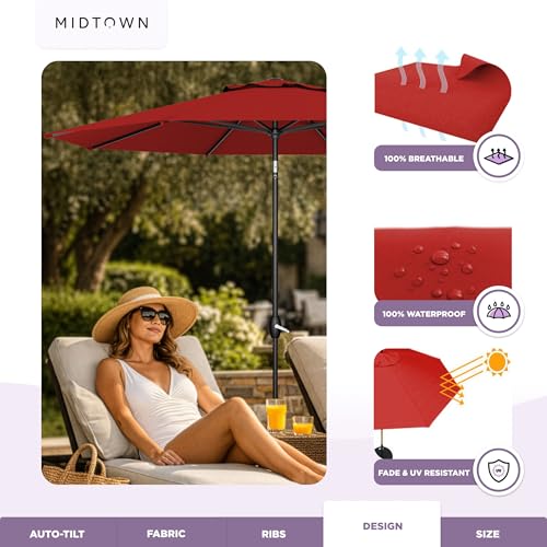 Midtown Umbrellas - The Lean 8 Ft Patio Umbrella with Fade-Resistant Sunbrella Fabric, Auto-Tilt Aluminum Frame and 8 Reinforced Ribs for Deck, Pool & Garden - Red Canopy, Black Pole - color: Sunbrella Red, size: 8 Feet