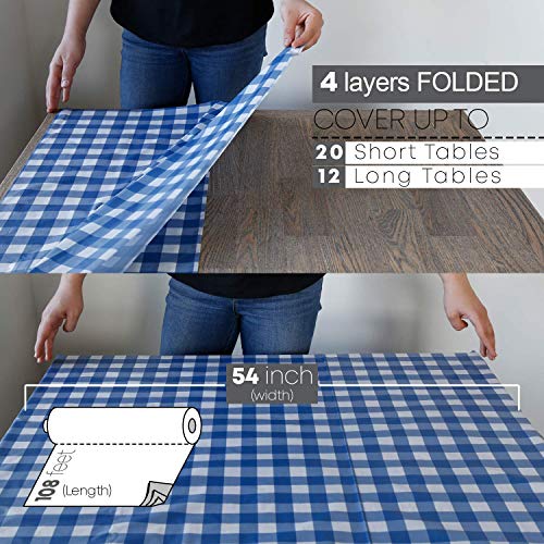 Neatiffy Disposable Plastic Table Cloth Roll | 54 in x 108 Ft Waterproof Tablecloth | Table Cover for Rectangle, Square, Round Oval Tables | Picnic, Party, Banquet, Birthdays, Weddings - Blue Gingham - color: Blue Gingham