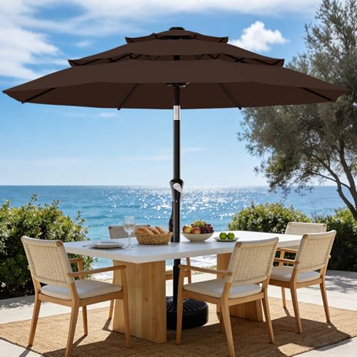 AreShark 9ft 3-Tier Patio Umbrellas, Outdoor Umbrella with 8 Sturdy Ribs UV Protection Windproof, Market Table Umbrella w/Push Button Tilt & Crank for Pool, Porch, Deck, Garden(Brown) - color: Brown
