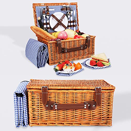 4 Person Wicker Picnic Basket Set, Large Willow Basket with Large Insulated Thermal Compartment, Free Waterproof Blanket & Cutlery Kit