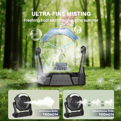 Ausic Portable Misting fan, 8-Inch Cooling Mist Fans, [8-35Hrs] USB Rechargeable Battery Powered Fan with Mister, 250mL Water Tank & LED Lantern, for Home Desk, Bedroom, Office, Outdoor&Indoor Use - color: Black, size: 8-35Hrs Runtime