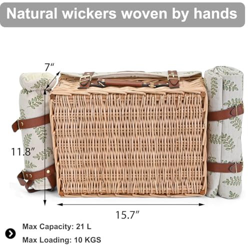 Multifunctional Wicker Picnic Basket Set for 4 with Blanket and Picnic Table, Insulated Picnic Set with Full Tablewares for Camping Outdoor Couples,Leaf - color: Leaf With Blanket &Table for 4