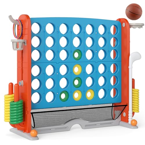 Costzon Giant 4-in-A-Row Connect Game, Height Adjustable 4-in-1 Jumbo 4-to-Score Yard Game with Golf, Ring Toss, Basketball, Cup Holder & Mesh Net, Indoor Outdoor Game for Kids Adults Family Party - color: Blue/Orange