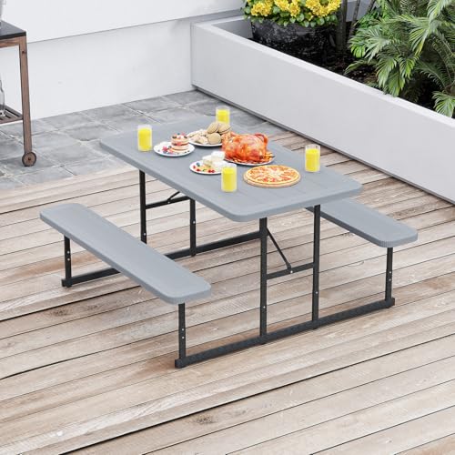 LDAILY Picnic Tables with Benches, Rectangular Dining Table Set for Outside 4 People, HDPE Tabletop, Metal Frame, Umbrella Hole, Heavy Duty Picnic Table for Outdoors, Patio, Lawn, Commercial (Gray) - color: Grey