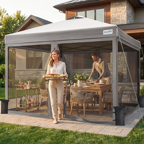 Quictent 10x10 Pop up Canopy Tent with Netting, Auto-Close Magnetic Doors, One Person Instant Setup Screen House Room Tent Screened Waterproof - color: Gray, size: 10'x10'
