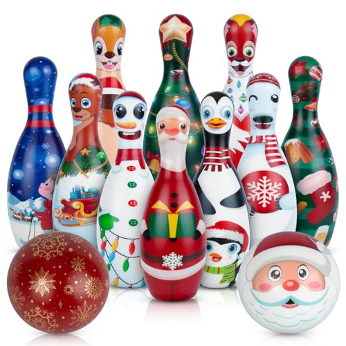 Christmas Bowling Set for Kids Toddler Party Supplies, Christmas Bowling Game for Kids Bowling Pins Bowling Balls for Family Indoor Outdoor Party Games Kids Party Decor, Winter Holiday Games for Kids