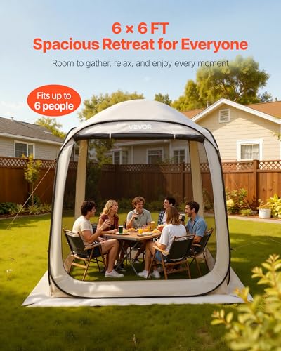 VEVOR Screen House Tent 6x6FT Pop-Up Screen Tent for 4–6 Person, Portable Screen Room Gazebo with Netting, Carry Bag & Ground Stakes, Instant Screen Canopy for Patio Backyard Garden Camping - color: Beige, size: 6×6×7.2 FT