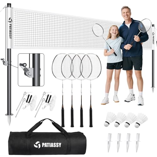 Professional Badminton Set with Carbon Fiber Badminton Rackets Set of 4, Outdoor Portable Badminton Net with Anti-Sag Winch System, 4 Nylon Badminton Shuttlecocks and Bag - color: B-White