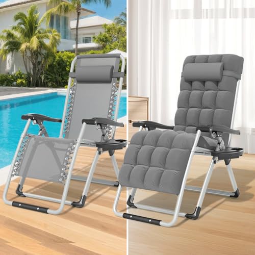 Magshion Zero Gravity Chair with Cushion, Reclining Outdoor Patio Lounge Chair, Folding Indoor Anti Gravity Recliner, Portable Lounger with Removable Cup Holder Side Tray and Pillow Headrest (Grey) - color: Grey