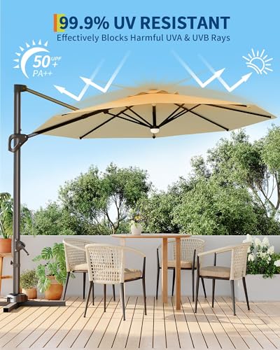 9ft Outdoor Patio Umbrella Heavy Duty 8 Ribs, Waterproof UV Protection Sun Shade with Crank Lift & Push Button Tilt, Outdoor Umbrella for Deck, Pool, Garden, Backyard, Lawn - color: Beige&Round-Lights, size: 10FT Roman