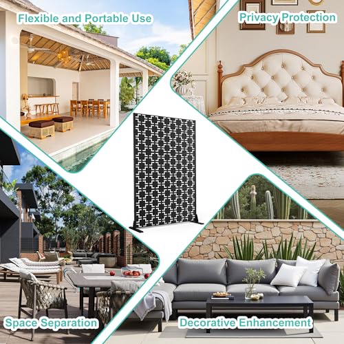 Modern Metal Privacy Screen, Patio Outdoor Privacy Panels with Stand, Freestanding Outdoor Divider for Yard, Deck＆Garden(71.3"*47.3"*15.7") - color: Black,Square