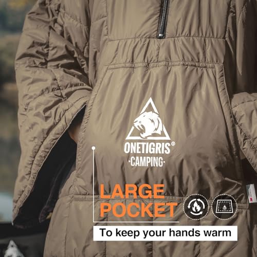 ONETIGRIS Camping Blanket Poncho with with Recycled Synthetic Insulation,Wearable Hoodie Blanket | Ultralight Water-Resistant Warm Camping Blanket for Outdoor, Hiking, Stadium - color: 1pc-brown