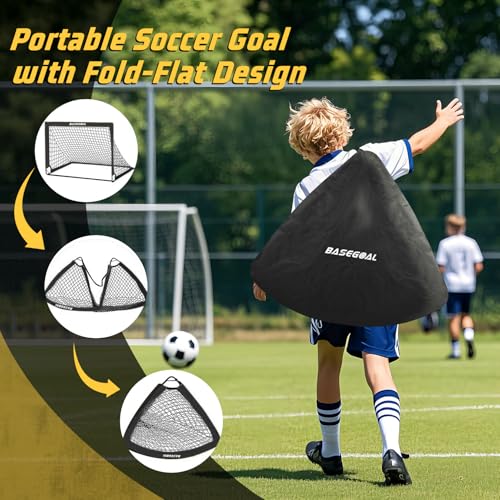 BaseGoal Soccer Goals for Backyard Set of 2, 4x3ft Kids Soccer Goal Portable Pop Up Soccer Net for Kids & Youth, Outdoor Soccer Training Equipment with Soccer Cones, Targets & Accessories