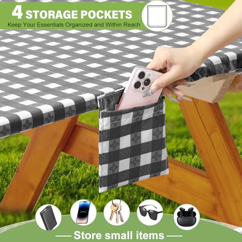 Fitted Picnic Table Cover with Bench Covers Waterproof Elastic Edges Rectangle Patio Tablecloth Outdoor Camping Essentials Stuff Rv Accessories Summer Trip Travel Supplies Party Camper Gifts, 8 ft - color: Black White Grid, size: 96in