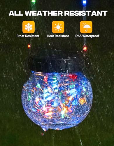 PARTPHONER Solar Lights Outdoor Waterproof 12-Pack, Solar Powered Hanging Lantern Cracked Glass Hanging Globes for Yard Decor Christmas Decoration, Shepherd Hook, Garden Tree Ornaments, RGB - color: RGB (Red, Green, Blue)