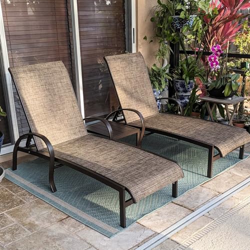 PURPLE LEAF Outdoor Chaise Lounge Chair Set of 3 Patio Pool Lounger Aluminum Chairs with Side Table Adjustable Tanning Recliner for Outside Yard Deck Lawn Garden Beach Brown - color: Brown, size: 2 Chairs & 1 Table