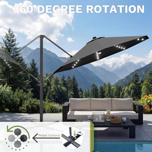 Patiowell 10 FT Patio Umbrella with Solar LED Light, Outdoor Cantilever Umbrella with 360 Degree Rotation, Outside Large Round Sun Umbrella with Frame for Backyard Garden Poolside, Black - color: Black with Light, size: 10 FT