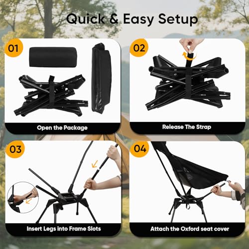 Swivel Portable Camping Chair, High Back Folding Chair with Detachable Pillow, Compact Lightweight Backpacking Chair for Outdoor, Travel, Beach, Hiking, Support 330 LBS, 1 Pack Black