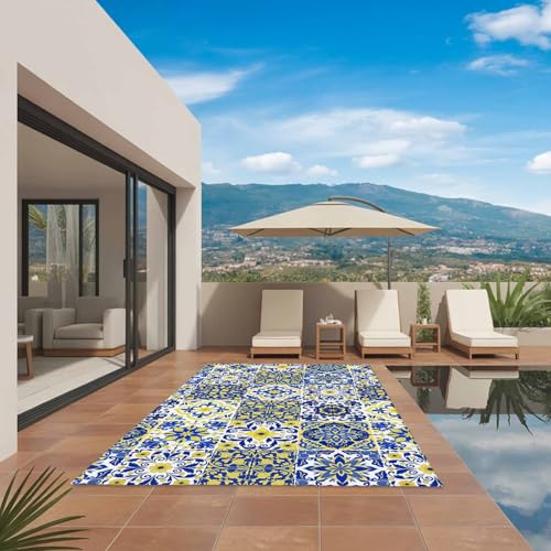 Middle Century Outdoor Rug 5' x 8', Vintage Farmhouse Bohemia Style Blue Washable Area Rug for Outdoor Indoor, Non Slip Outside Large Rugs Carpet for RV Patio Backyard Picnic Camping Porch Deck - color: Blue, size: 5' x 8' (Rectangular)