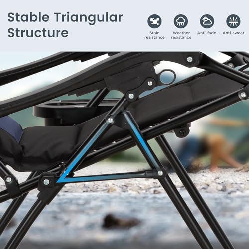 PHI VILLA Zero Gravity Chair Set of 2, Padded Anti Gravity Recliner, Oversized 28" Wide Seat, Foldable Patio Lounger with Armrest & Cup Holder, Supports 400 LBS (Blue Black) - color: Blue