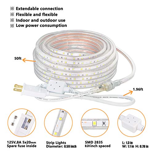 SURNIE 50ft LED Rope Lights Outdoor Waterproof, 110V Flexible Daylight White Bright Lighting Cuttable Connectable, Cool Clear Flat Strip Light 6000K for Outside Deck Patio Camping Decor, Not Tube Rope - color: White, size: 50ft