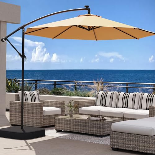 10FT Patio Umbrella with Base Included, Outdoor Offset Cantilever Umbrella, Infinite Tilt, UV Protection for Backyard, Lawn, Garden & Pool - color: Beige, size: 10FT w/Base (Offset Umbrella)