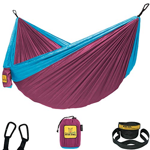 Wise Owl Outfitters Camping Hammock – 500lbs Portable Hammock with Tree Straps - Travel, Backpacking, Hiking, Outdoors Camping Gear - Single or Double - color: Fuchsia & Sky Blue, size: Double