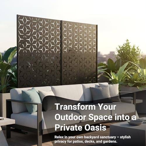6FT Metal Privacy Screen Outdoor – Decorative Laser Cut Privacy Fence Panel for Patio, Deck & Garden, Rustproof Steel Privacy Divider, Modern Geometric Design, Freestanding Outdoor Privacy Screen - color: Black Hexagon
