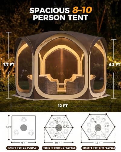 12x12 FT Pop-Up Screen Tent, Portable Screen Room Canopy with Zipper Doors for Patio, Backyard, Deck & Outdoor Activities, Brown - color: Brown, size: 12x12 Ft