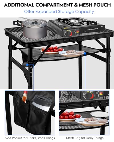 MSDADA Folding Grill Table, Height Adjustable Aluminum Table with Mesh Desktop and Mesh Bag, Portable Grill Table for Outdoor Camping, Picnic, Patio, Dining, BBQ, Party, Black, 23.6×15.7 inch