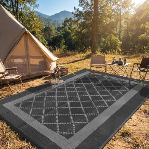 8x10 Outdoor Rug Waterproof Portable Plastic Straw Reversible Rugs with Carry Bag & Stakes, UV-Resistant Lightweight Outdoor Carpet Foldable Camping Mat for Patio RV Backyard Picnic Black Grey - color: Geometric1 - Black&grey, size: 8' x 10' (Rectangular)