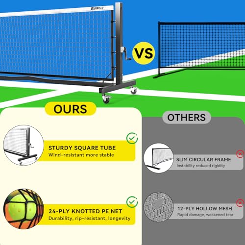 Pro Pickleball Net with Wheels, Hand Crank Tension System, 22ft Tournament IFP Regulation Size, Heavy Duty Frame, Anti-Sag, Locking Wheels, Perfect for Outdoor Court & Indoor Gym