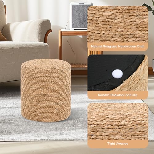 16'' Round Ottoman Natural Seagrass Braided Poof Hand Weaving Round Ottomans Boho Footrest Stool for Home Living Room Bedroom Patio(Natural) - color: Natural