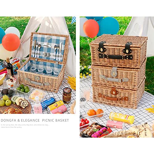 Stainless Steel Tableware Cutlery Set, Picnic Basket Natural Wicker Picnic Hamper Picnic Hamper Cutlery Set Insulated Wicker Flatware Set (Blue White Small 4 Person) - color: Blue White Small, size: 4 Person