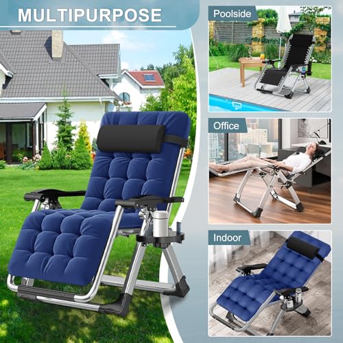 ABORON Zero Gravity Chair,Premium Outdoor Lawn Folding Lounge Chairs,Sturdy Adjustable Reclining Patio Chairs with Removable Cushion,Headrest & Tray - color: Navy Blue
