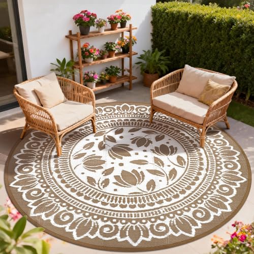 6ft Round Waterproof Outdoor Patio Rug, Reversible Plastic Straw Rug, Classic Floral Pattern Picnic Mat for RV Camping, Backyard, Deck, Porch & Garden, Light Taupe - color: Light Taupe, size: 6' (Round)