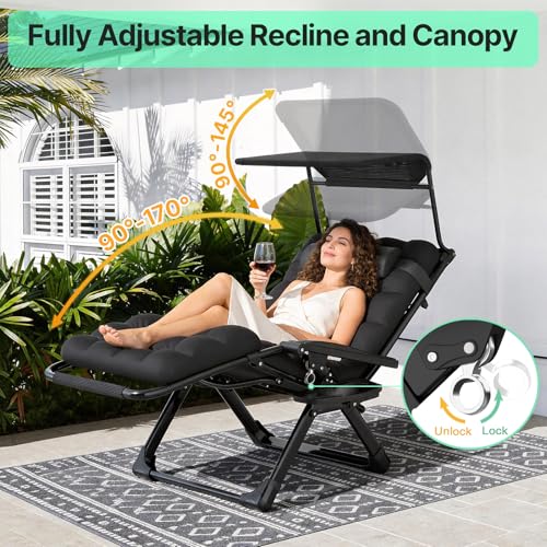 Suteck Zero Gravity Chair with Canopy, Reclining Camping Lounge Chair w/Removable Cushion, Upgraded Lock and Cup Holder, Reclining Patio Chairs Folding Recliner for Indoor and Outdoor - color: 26inch Black With Canopy