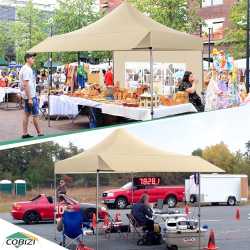 COBIZI 10x20 Pop up Heavy Duty Canopy Tent, Commercial Instant Canopies with Sturdy Awning, Outdoor Canopies for Market, Event, Khaki - color: Khaki, size: 10x10FT with 3 Sidewalls & 1 Awning Cloth