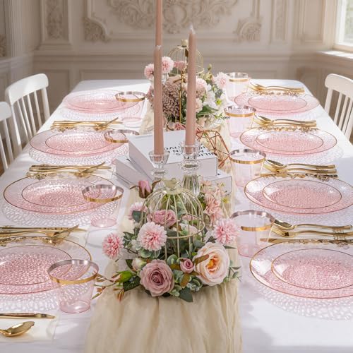 DaYammi 175 Pcs Pink Plastic Plates Dinnerware Set (25 Guests), Pink Disposable Plates, Hammered Party Platos Set Include Dinner Platos, Dessert Plates, Cups, Cutlery for Mother's Day Party - color: Clear Pink, size: 175 Pcs