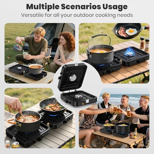 2 Burner Camping Propane Stove, Portable Folding Propane Stove with Carrying Bag, Adjustable High Heat Burners & Piezo Push-Button Instant Ignition, Outdoor Tailgating, Backyard BBQ Camping Essentials
