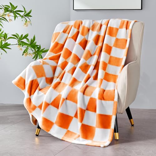 Edenleaf Orange Checkered Blanket, Soft Cozy Fleece Checkered Throw Blankets for Bed Sofa Couch Camping, Ultra Fluffy Throws for All Seasons, 50x60 Inch, Orange - color: 02 Orange (Big Checkered), size: Throw-50"x60"