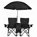 GoTEAM! Portable 2-Seat Folding Camp Chair with Cooler, Umbrella & Cup Holders – Outdoor Picnic, Beach, or Tailgate Seating – Carry Case Included - color: Charcoal