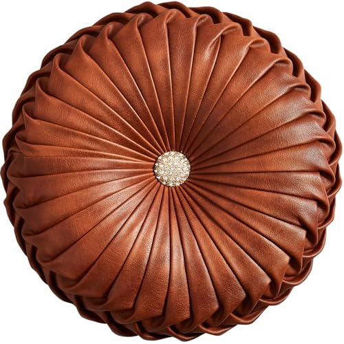 EUCIOR Brown Round Leather Pillow,Circle Pillow,Handmade Round Throw Pillow,Smooth Faux Leather Decorative Pillows for Home Decor Bedroom Living Room Couch Bed,Diameter 15" - color: Brown Golden