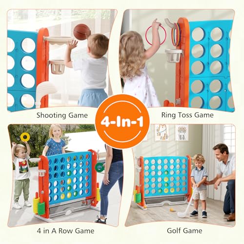 COSTWAY Giant 4-in-A-Row Connect Game Set, Height Adjust 4-to-Score Game with Mesh, Golf, Ring Toss Sets, Basketball & Cup Holders, Indoor Outdoor Yard Party Game for Kids Adults, Family (Blue) - color: Blue & Orange